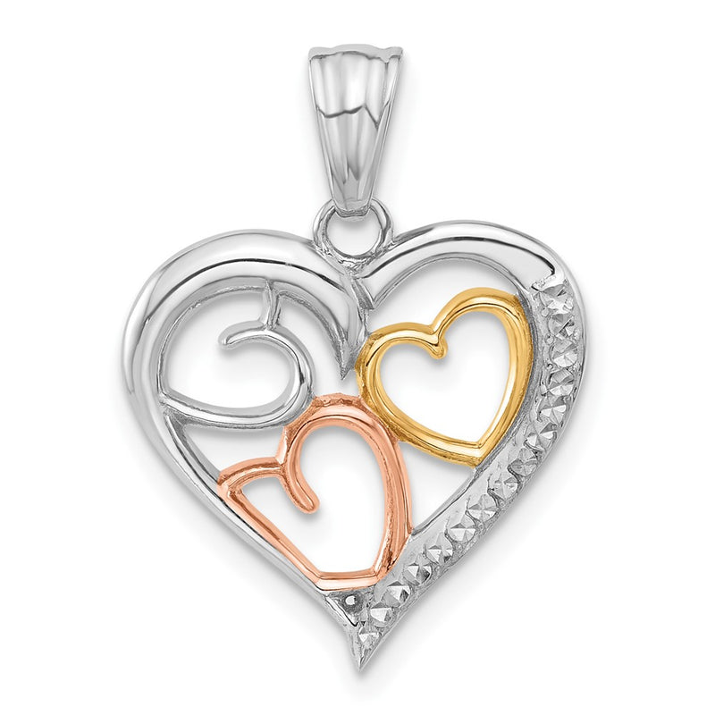 14K Tri-Color Gold Tri-color Diamond-cut Hearts Pendant