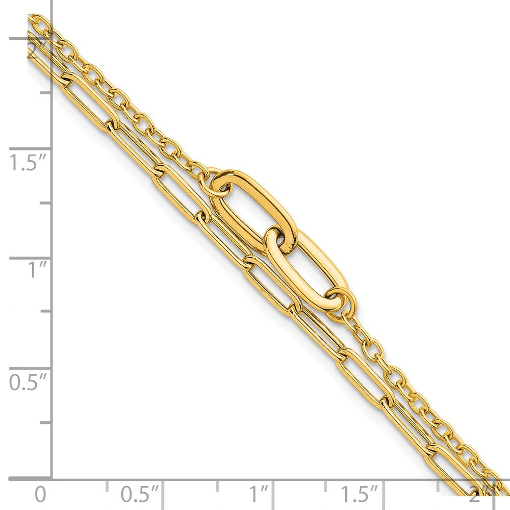 14K Yellow Gold Polished Paperclip and Oval Cable Link Double Strand Chain Bracelet