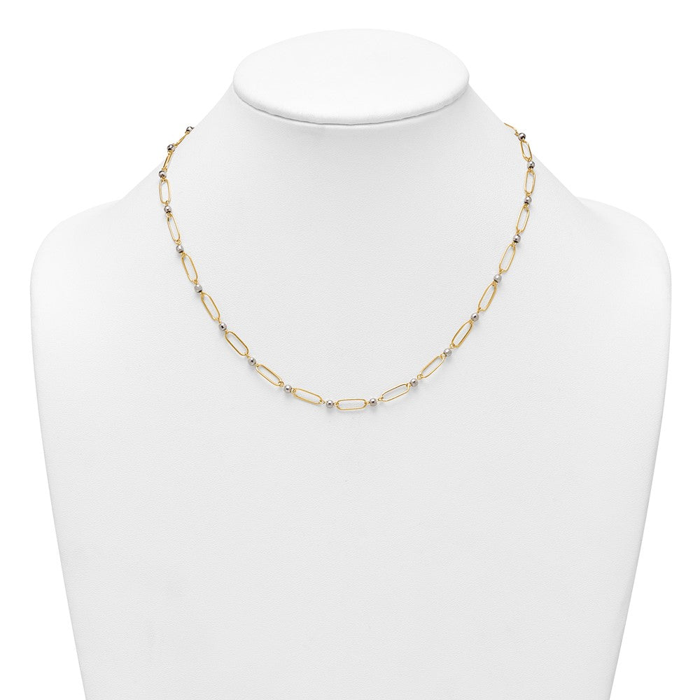 14K Two-Tone Gold Two-tone Polished Paperclip Links and Faceted Beads 18 Inch Necklace