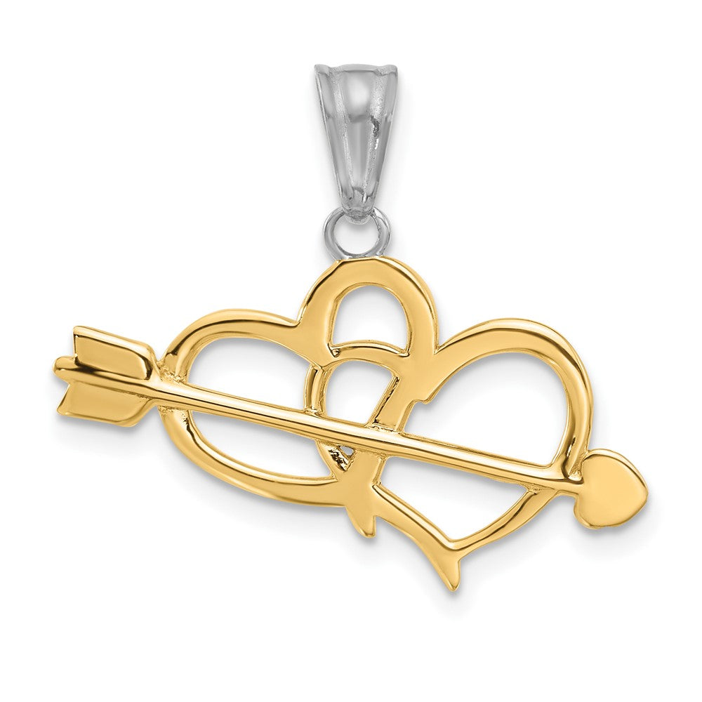 14K Yellow Gold with Rhodium Diamond-cut Hearts and Arrow Pendant