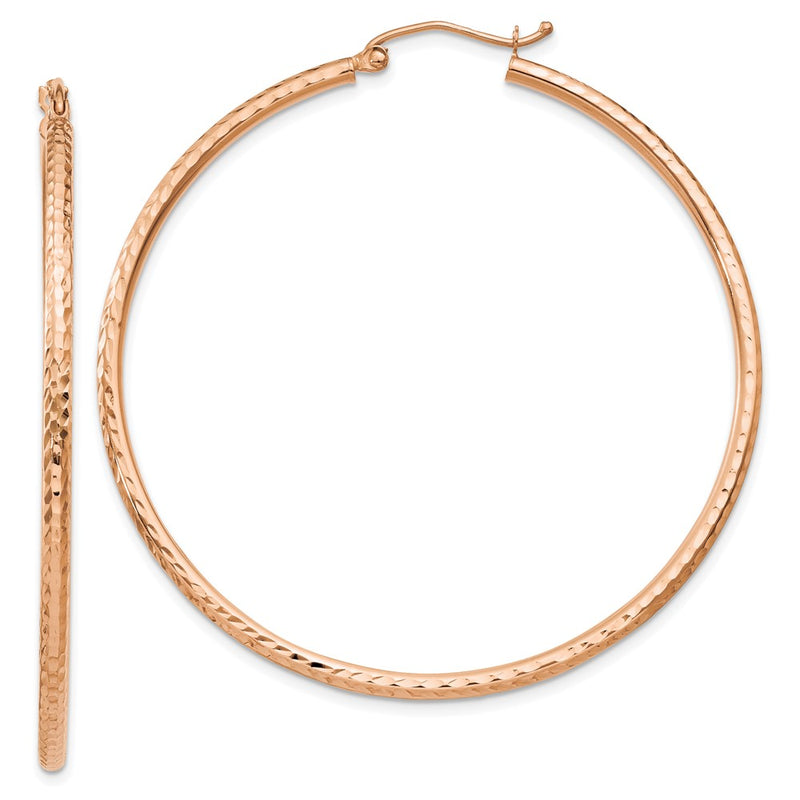 14K Rose Gold 2x50mm Diamond-cut Round Tube Hoop Earrings