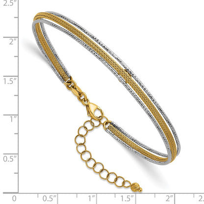 14K Two-Tone Gold Textured Woven 5mm Flexible Bangle Bracelet Plus 1.25 Inch Extender