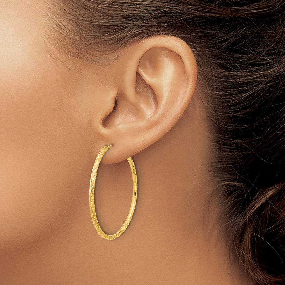 14K Yellow Gold 2.00x40mm Polished and Satin Diamond-cut Endless Tube Hoop Earrings