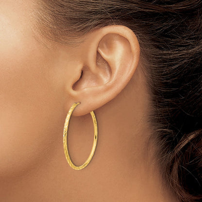14K Yellow Gold 2.00x40mm Polished and Satin Diamond-cut Endless Tube Hoop Earrings