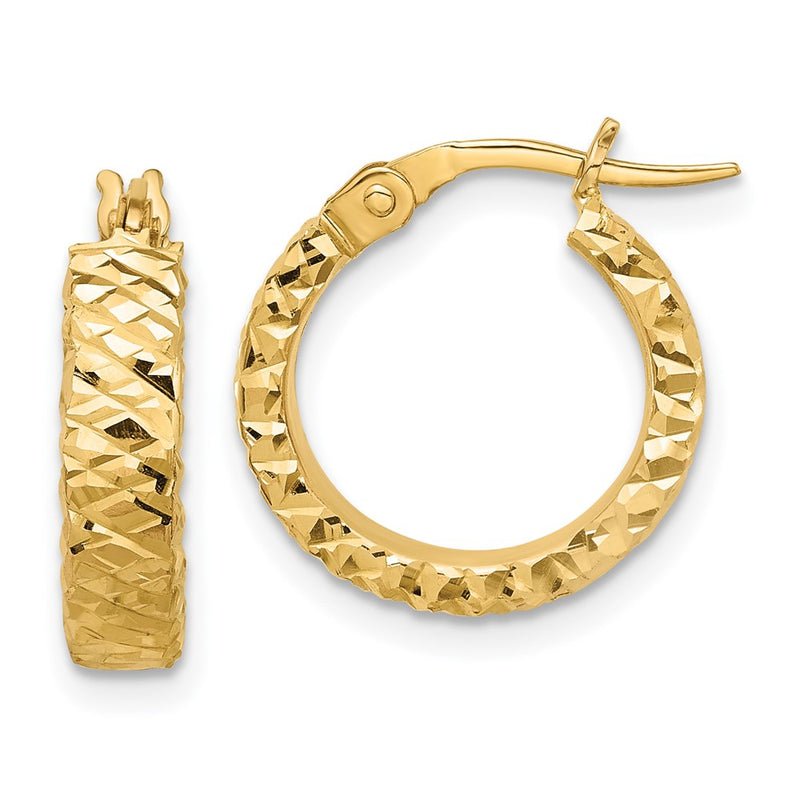 14K Yellow Gold Polished 4mm Diamond Cut Hoop Earrings
