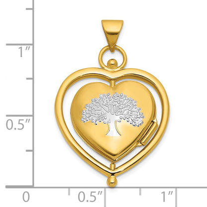 14K Yellow Gold and Rhodium Tree of Life and Flowers in Spinning Frame Reversible 15mm Heart Locket