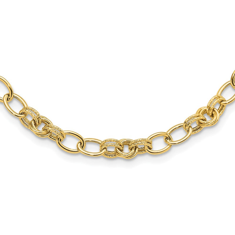 14K Yellow Gold Polished and Textured 6mm Fancy Link 18.5 Inch Necklace