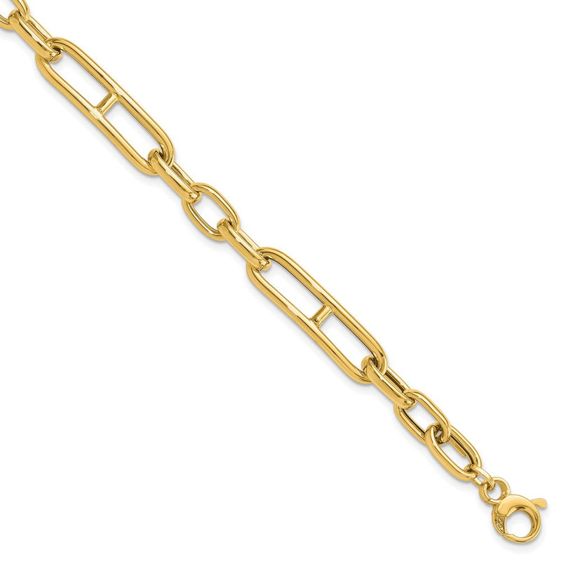 14K Yellow Gold Polished 7.4mm Fancy Paperclip Link Chain Bracelet Plus Extender