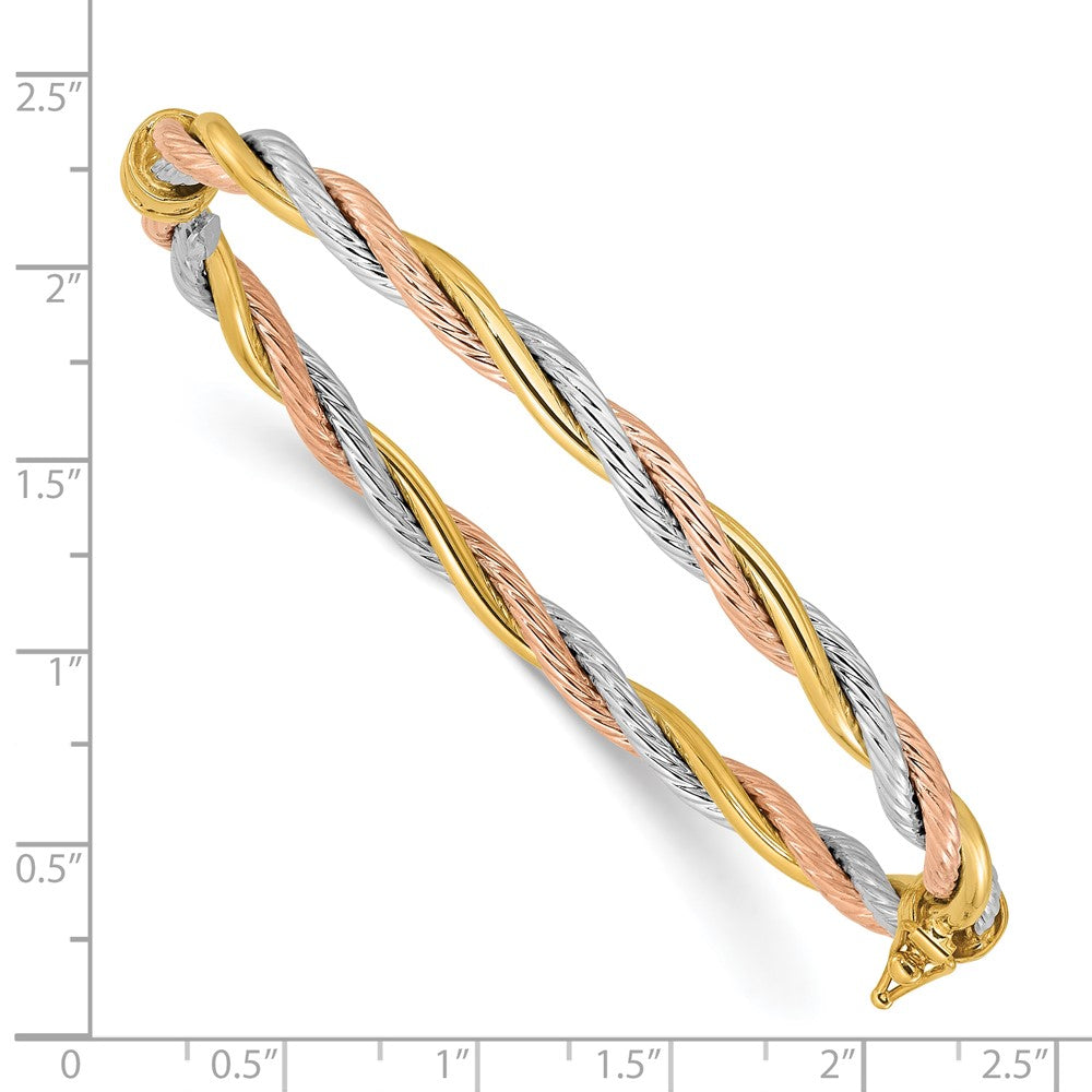 14K Tri-Color Gold Tri-color Polished and Textured 4.30mm Twisted Hinged Oval Bangle Bracelet