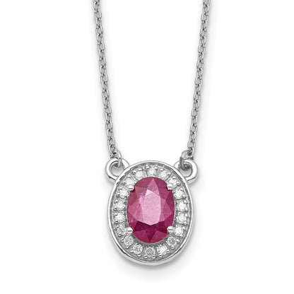 14K White Gold Diamond and 7x5mm Oval Ruby Halo 18 Inch Necklace