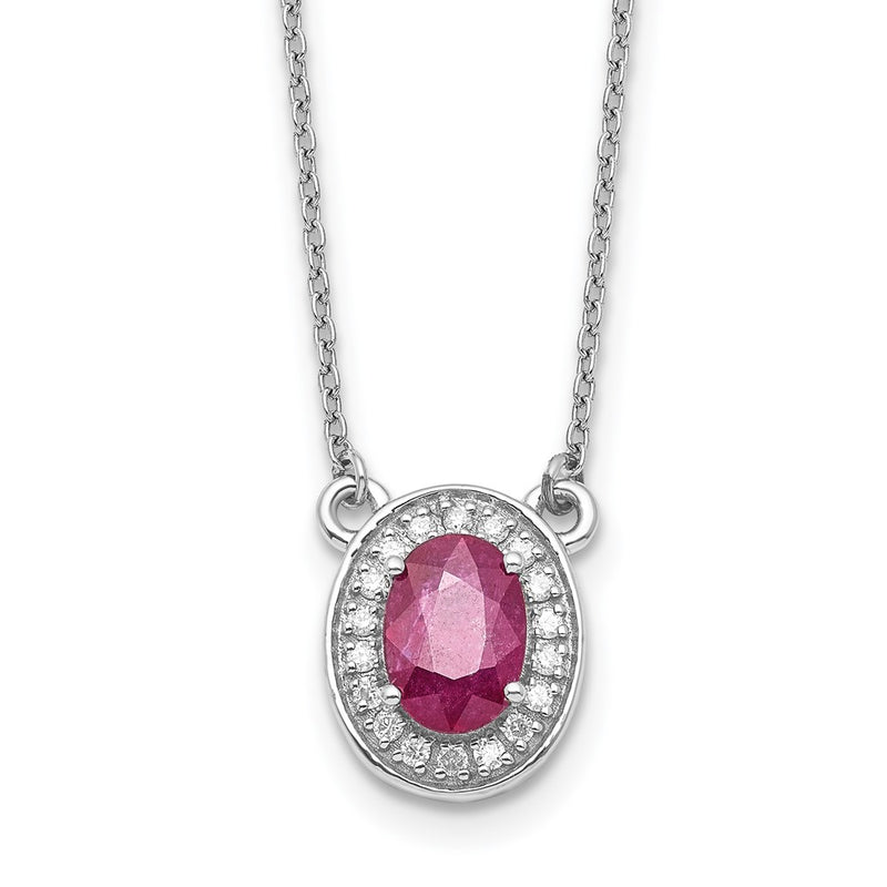 14K White Gold Diamond and 7x5mm Oval Ruby Halo 18 Inch Necklace