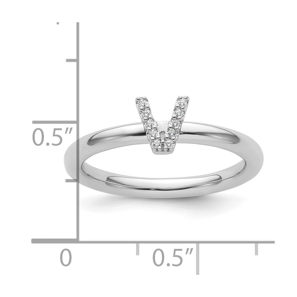 14K White Gold Stackable Diamond Initial V Size 7 Ring
