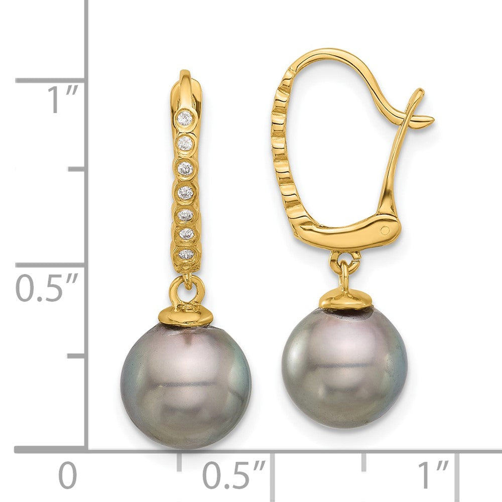 14K Yellow Gold 8-9mm Black Round Tahitian Saltwater Cultured Pearl and .07 Carat Diamond Leverback Dangle Earrings