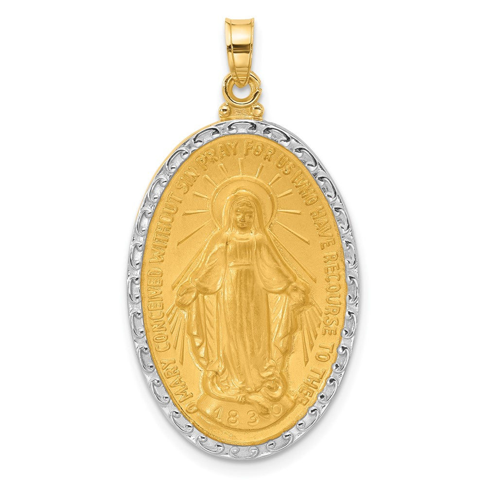 14K Yellow Gold and Rhodium Polished and Satin Solid Miraculous Medal Oval Pendant