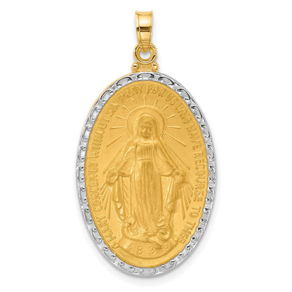 14K Yellow Gold and Rhodium Polished and Satin Solid Miraculous Medal Oval Pendant