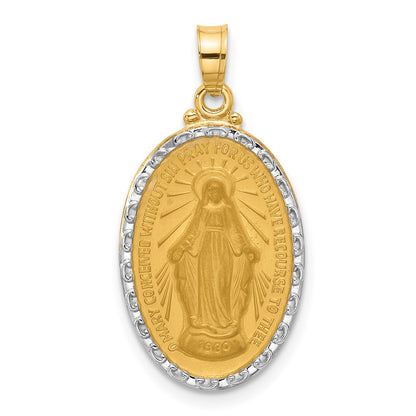 14K Yellow Gold and Rhodium Polished and Satin Solid Miraculous Medal Oval Pendant