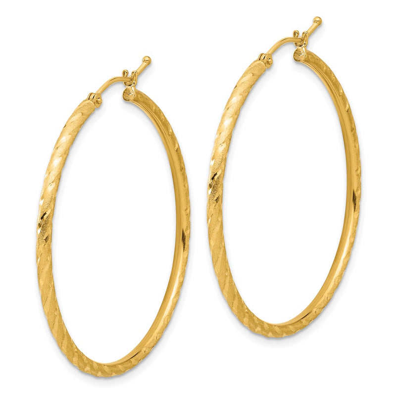 14K Yellow Gold 2.00x40mm Polished and Satin Diamond-cut Twist Tube Hoop Earrings