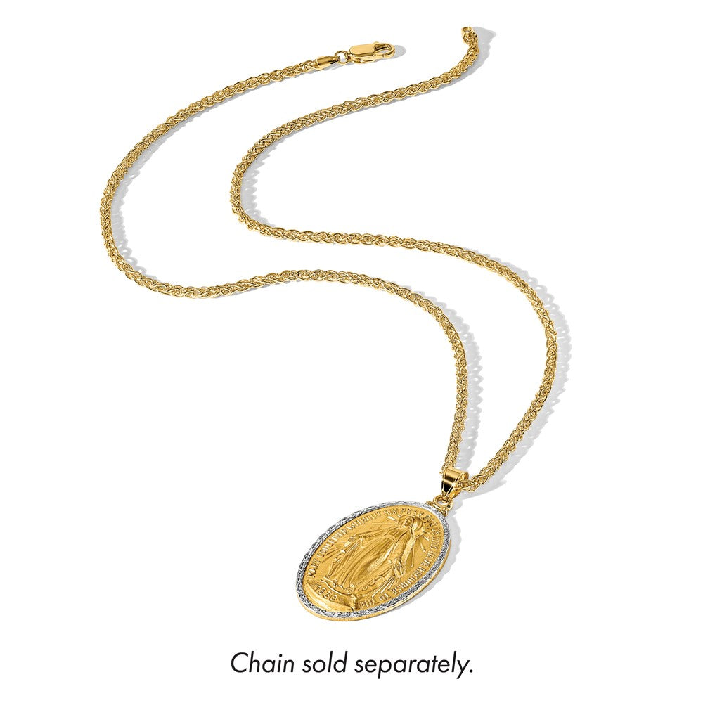 14K Yellow Gold and Rhodium Polished and Satin Solid Large Miraculous Medal Oval Pendant