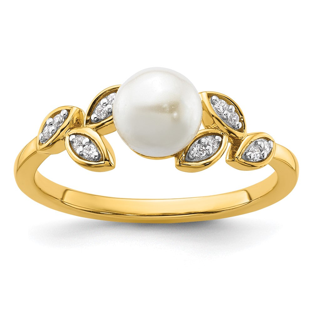 14K Yellow Gold Polished 1/20 carat Diamond and Freshwater Cultured Pearl Leaf Design Size 7 Ring