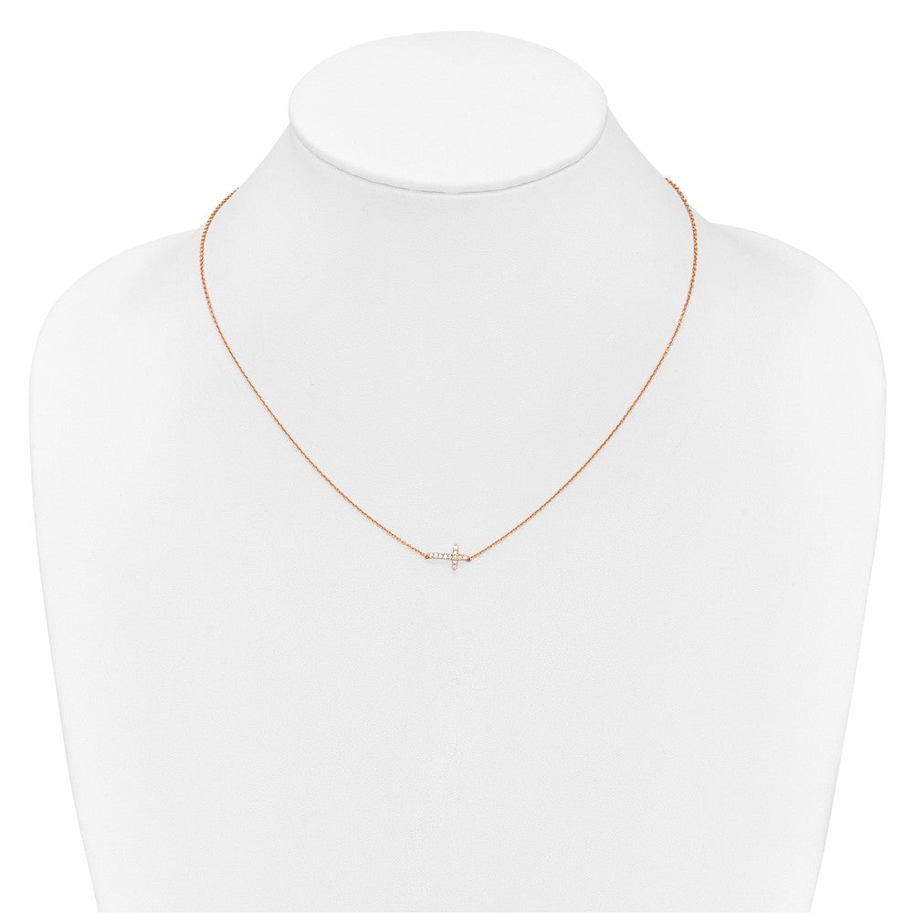 14K Rose Gold 1/10 carat Diamond Sideways Cross 18 Inch Necklace