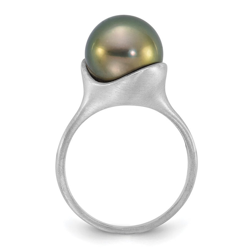 14K White Gold Brushed 10-11mm Round Black Tahitian Saltwater Cultured Pearl Ring