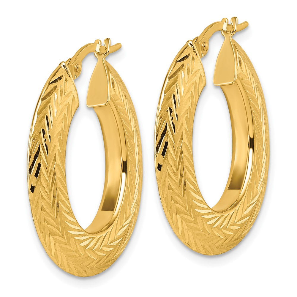 14K Yellow Gold Polished and Diamond-cut 3.4mm x 27mm Knife-edge Oval Tube Hoop Earrings
