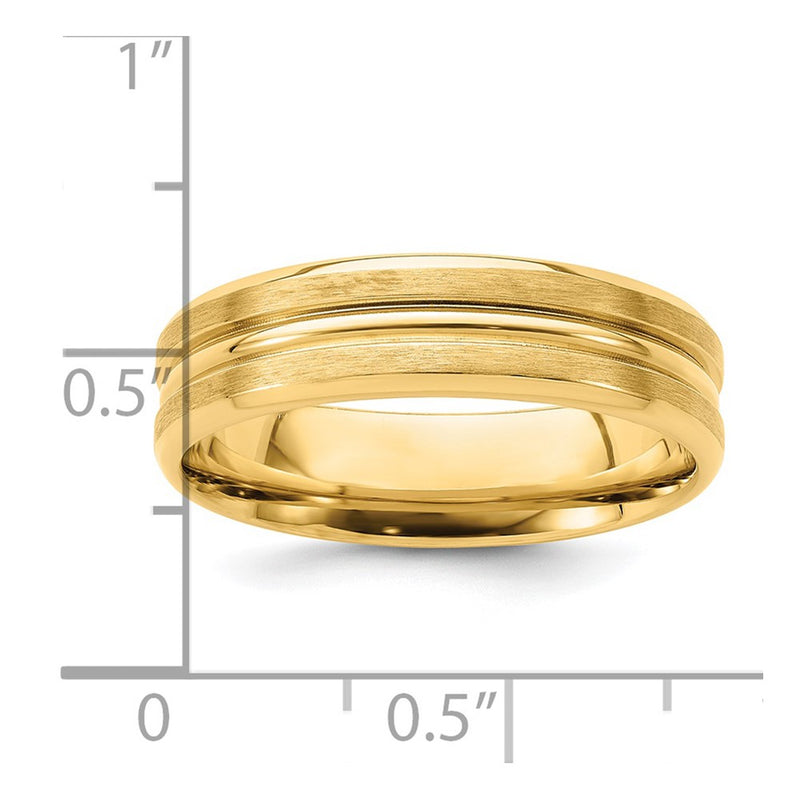 14K Yellow Gold 6mm Standard Weight Comfort Fit Brushed Satin with Center Groove Wedding Band Ring