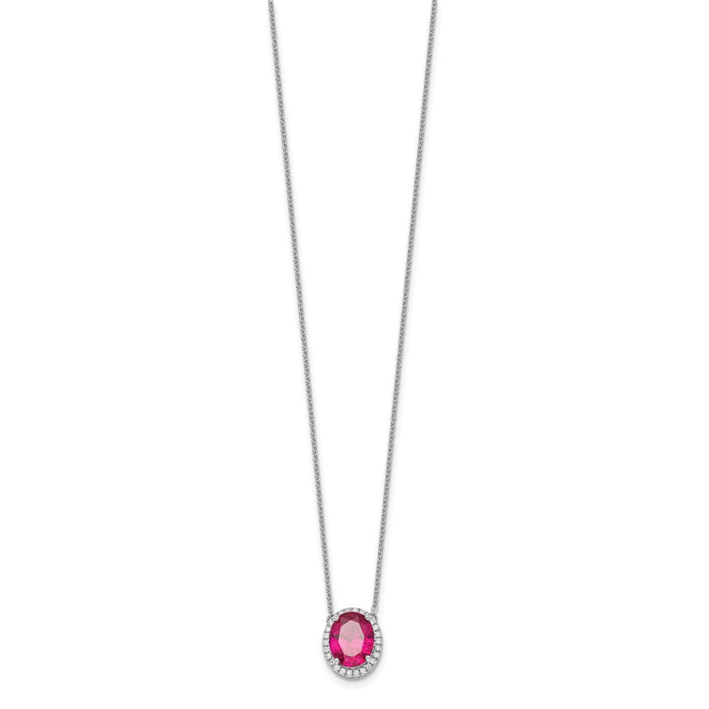 14K White Gold 10x8mm Oval Lab Created Ruby and Diamond Halo 18 Inch Necklace