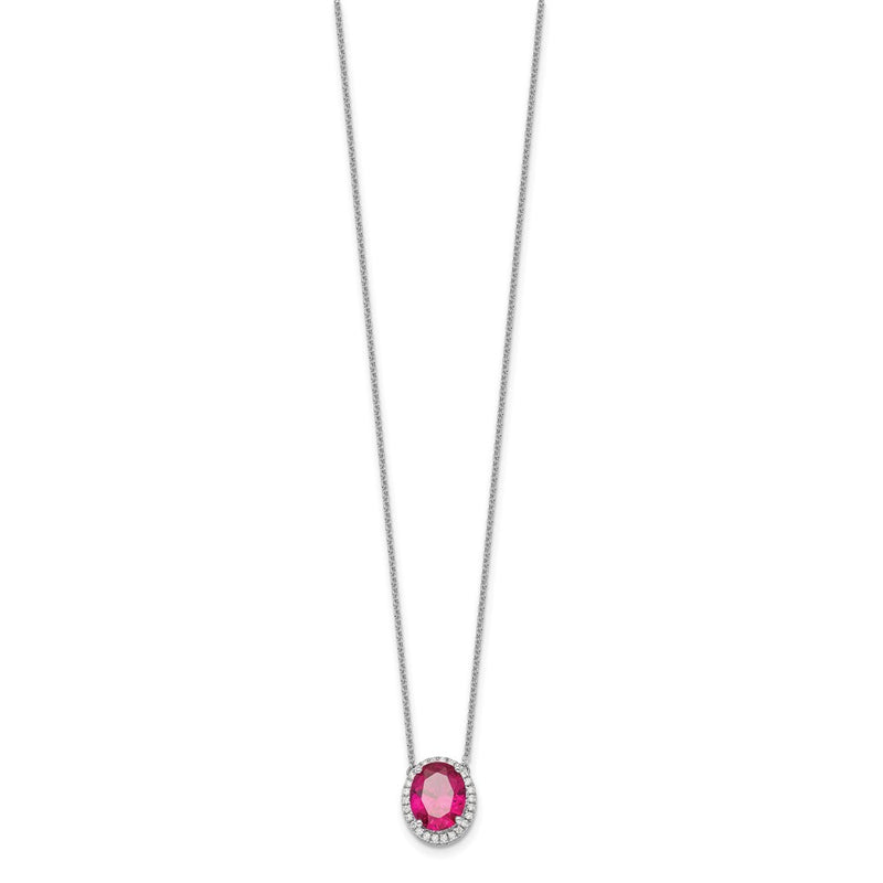 14K White Gold 10x8mm Oval Lab Created Ruby and Diamond Halo 18 Inch Necklace