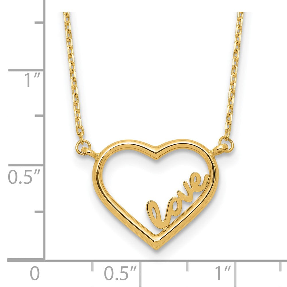 14K Yellow Gold Polished Open Heart with LOVE Inside 17 Inch Necklace Plus 0.5 Inch Extender