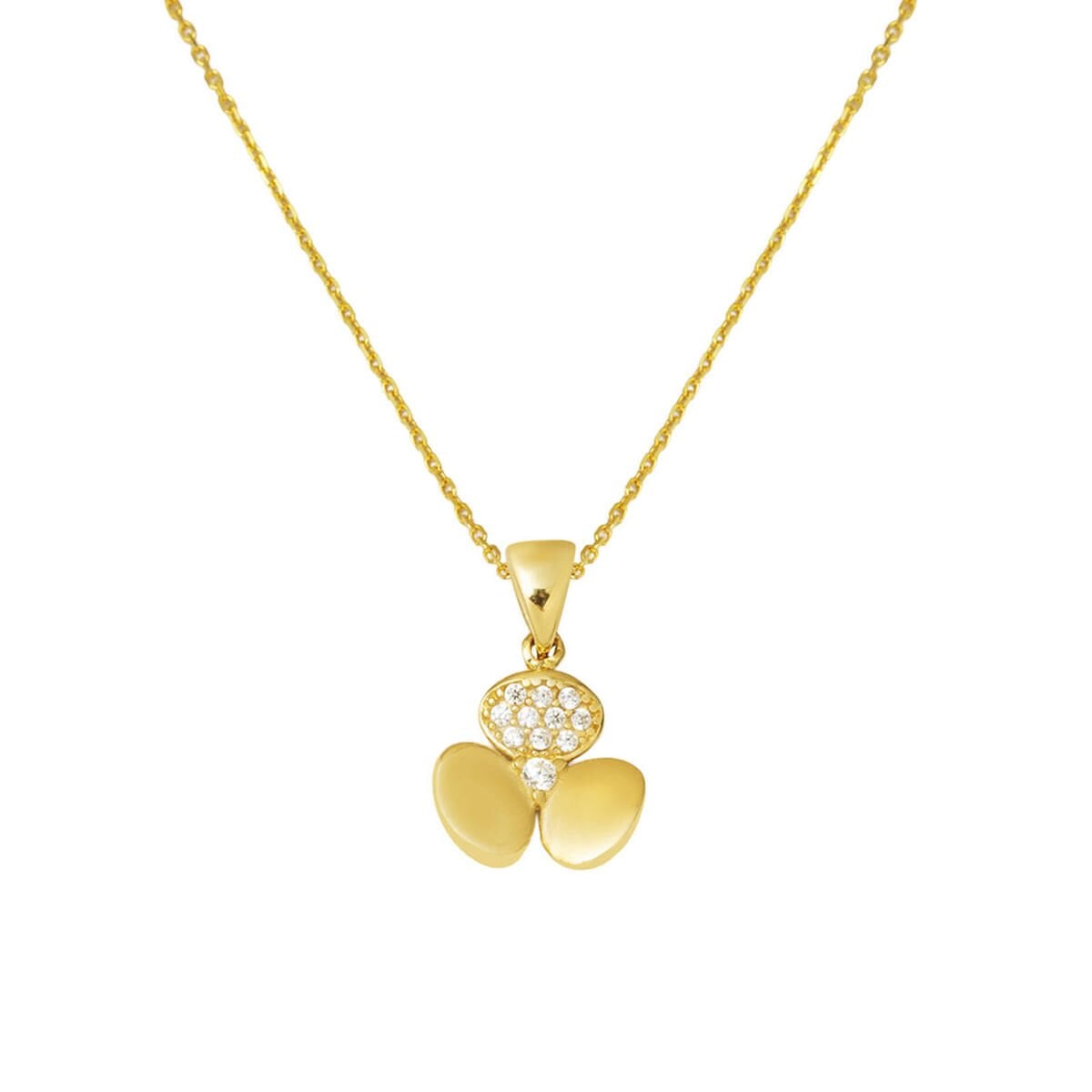 14K Yellow Gold Three Leaf Clover Cubic Zirconia Necklace