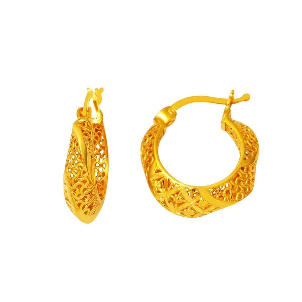 22K Yellow Gold Filigree Design Hoop Earrings