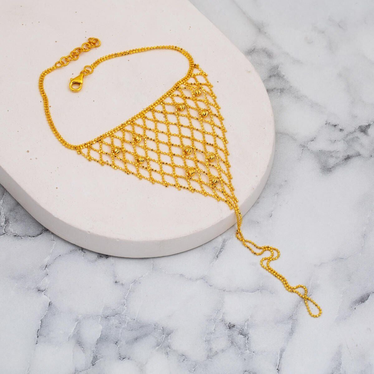 14K Yellow Gold Gold Bead Mesh Shahmaran Bracelet