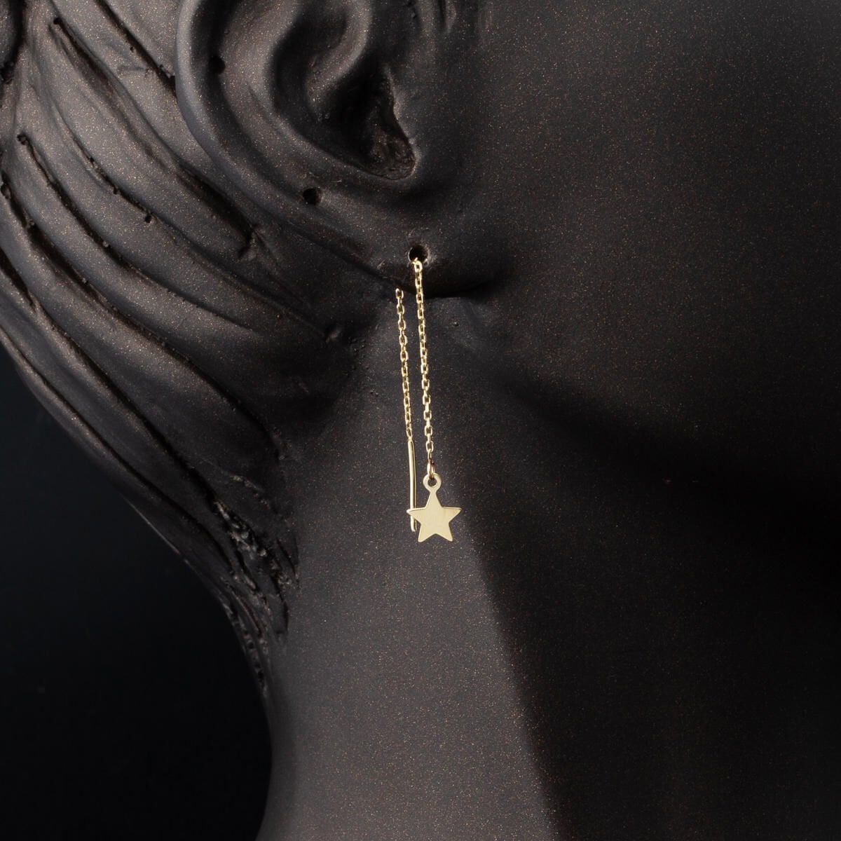 14K Yellow Gold Star Dangle Chain Earrings