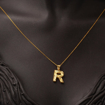22K Yellow Gold Three Dimensional R Initial Necklace