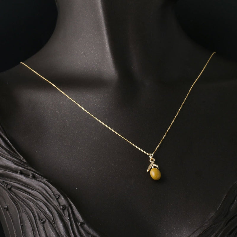 14K Yellow Gold Green Olive Enamel Necklace