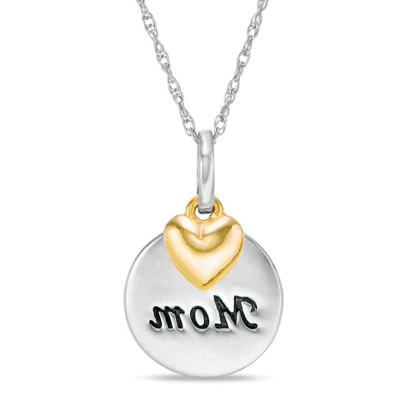 "Mom" Round Disc Pendant with Puffed Heart Charm in 10K Two-Tone Gold