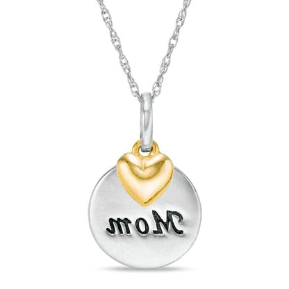 "Mom" Round Disc Pendant with Puffed Heart Charm in 10K Two-Tone Gold
