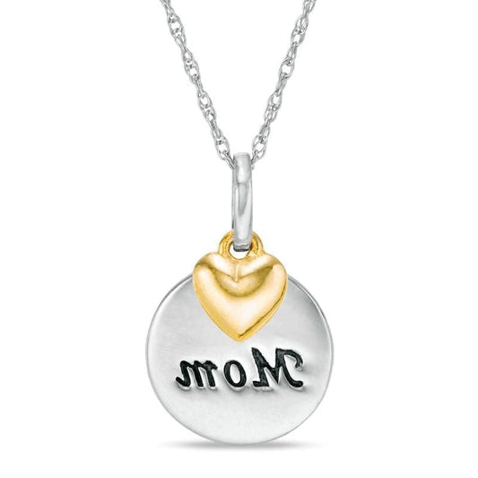 "Mom" Round Disc Pendant with Puffed Heart Charm in 10K Two-Tone Gold