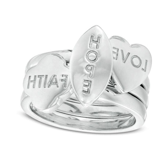 "LOVE" Heart, "HOPE" Marquise, and "FAITH" Clover Three Piece Stackable Ring Set in Sterling Silver