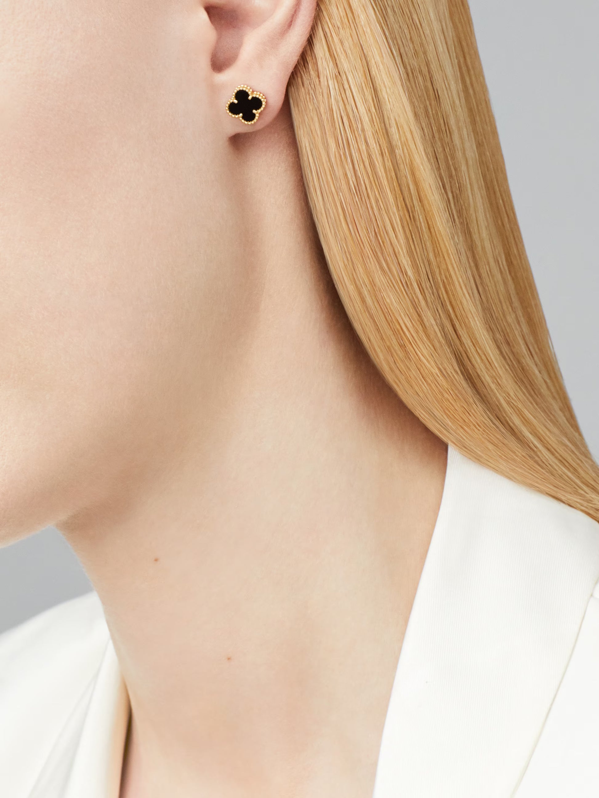 Clover Floral Alhambra Sweet Style Stud Earrings in Solid 10K/14K/18K Yellow Gold Malachite/Pearl/Black Onyx/Carnelian Gemstone