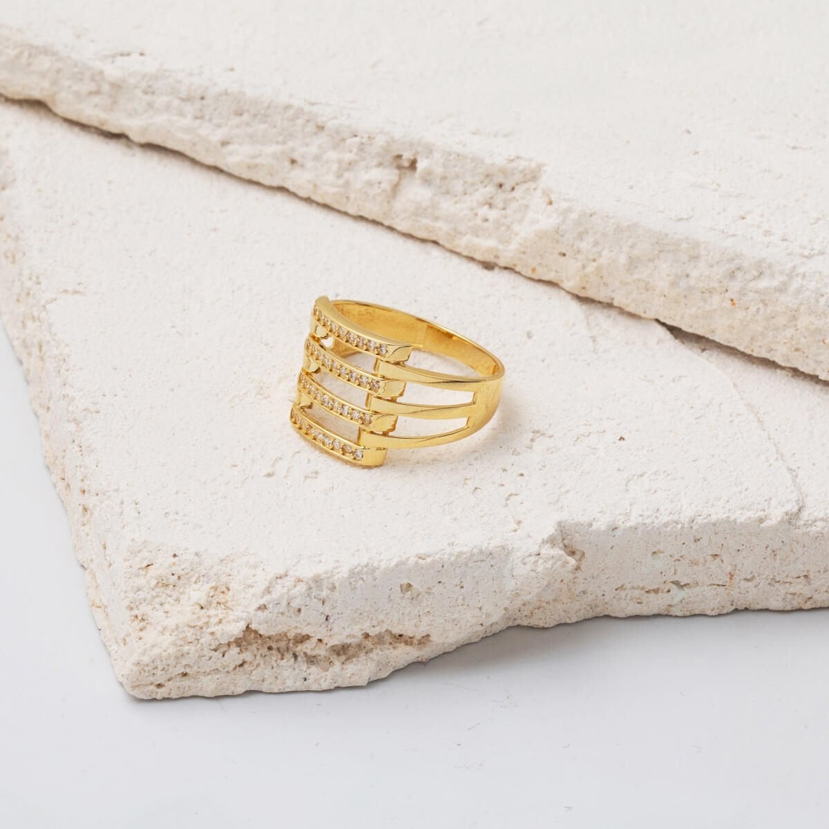 14K Yellow Gold Quad Ribbed Cubic Zirconia Ring