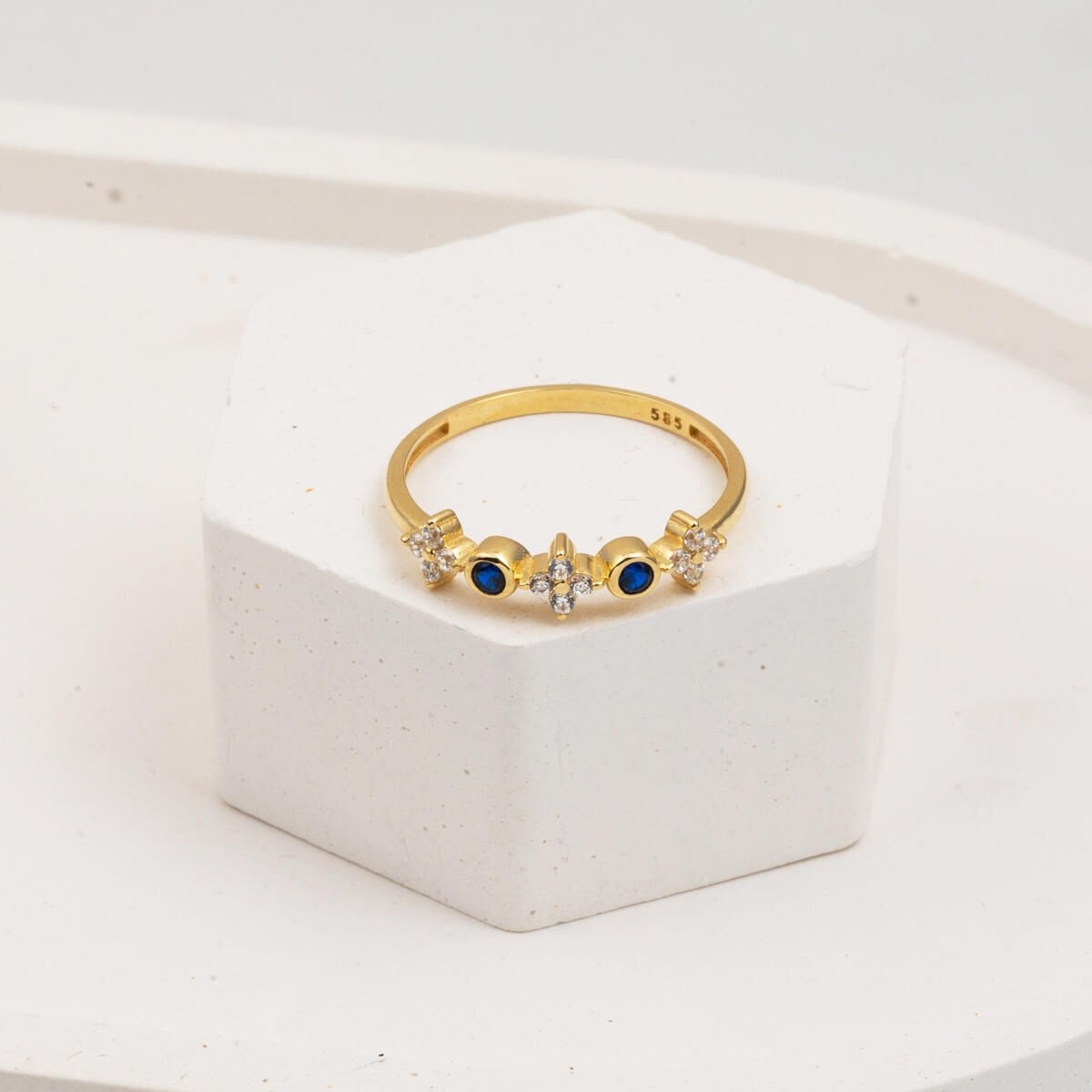 14K Yellow Gold Lotus Navy Blue Cubic Zirconia Ring