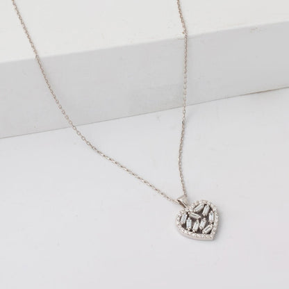 14K White Gold Baguette Diamond Heart Necklace