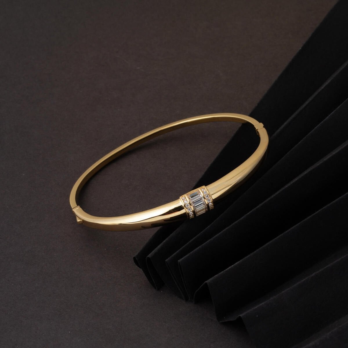 14K Yellow Gold Baguette Minimalist Cubic Zirconia Hinged Cuff Bangle
