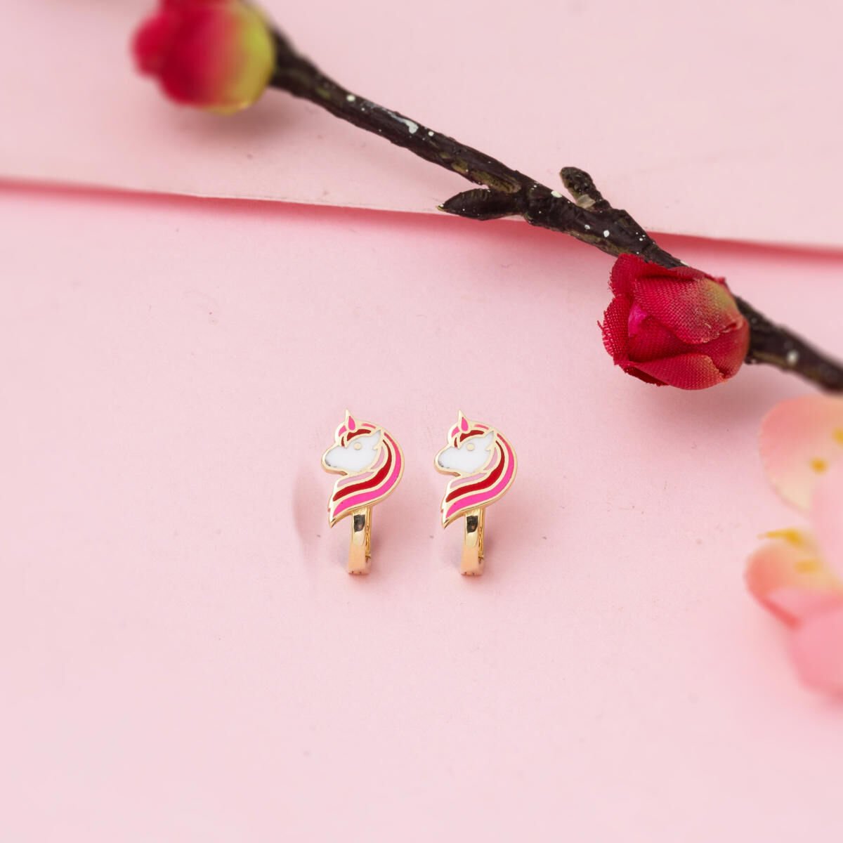 14K Yellow Gold Pink Unicorn Enamel Children's Earrings