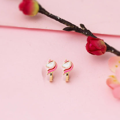 14K Yellow Gold Pink Unicorn Enamel Children's Earrings