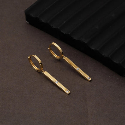 14K Yellow Gold Bar Dangle Cubic Zirconia Earrings
