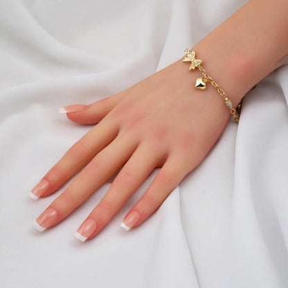 14K Yellow Gold Heart Dangle Cubic Zirconia Necklace and Bracelet Set
