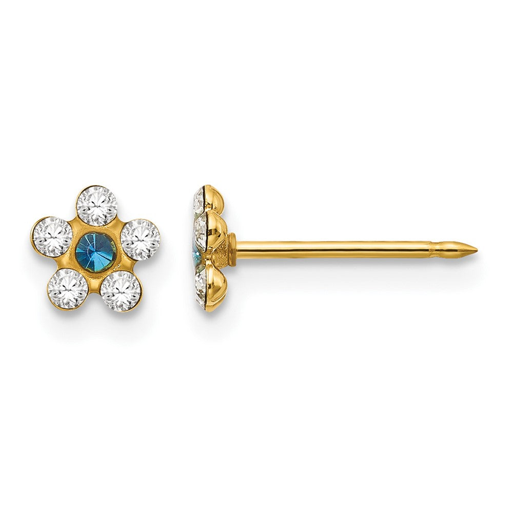 14K Yellow Gold Clear/blue Crystal Flower Earrings